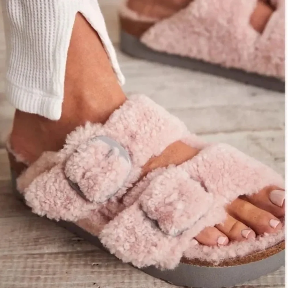 Birkenstocks Papillio Arizona Teddy Shearling Crystal Rose Pink Sandals 36EU